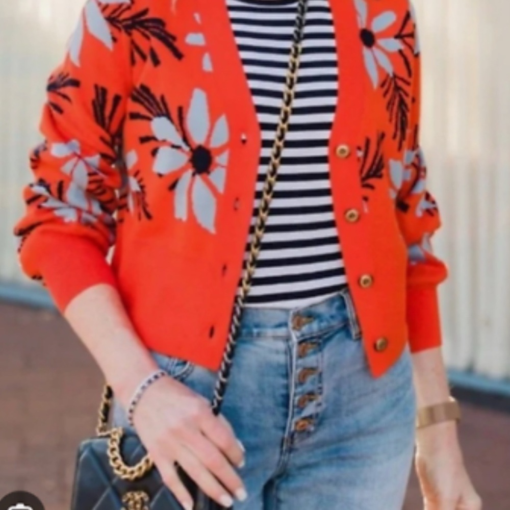 CAbi Red and Gray Cardigan Sweater